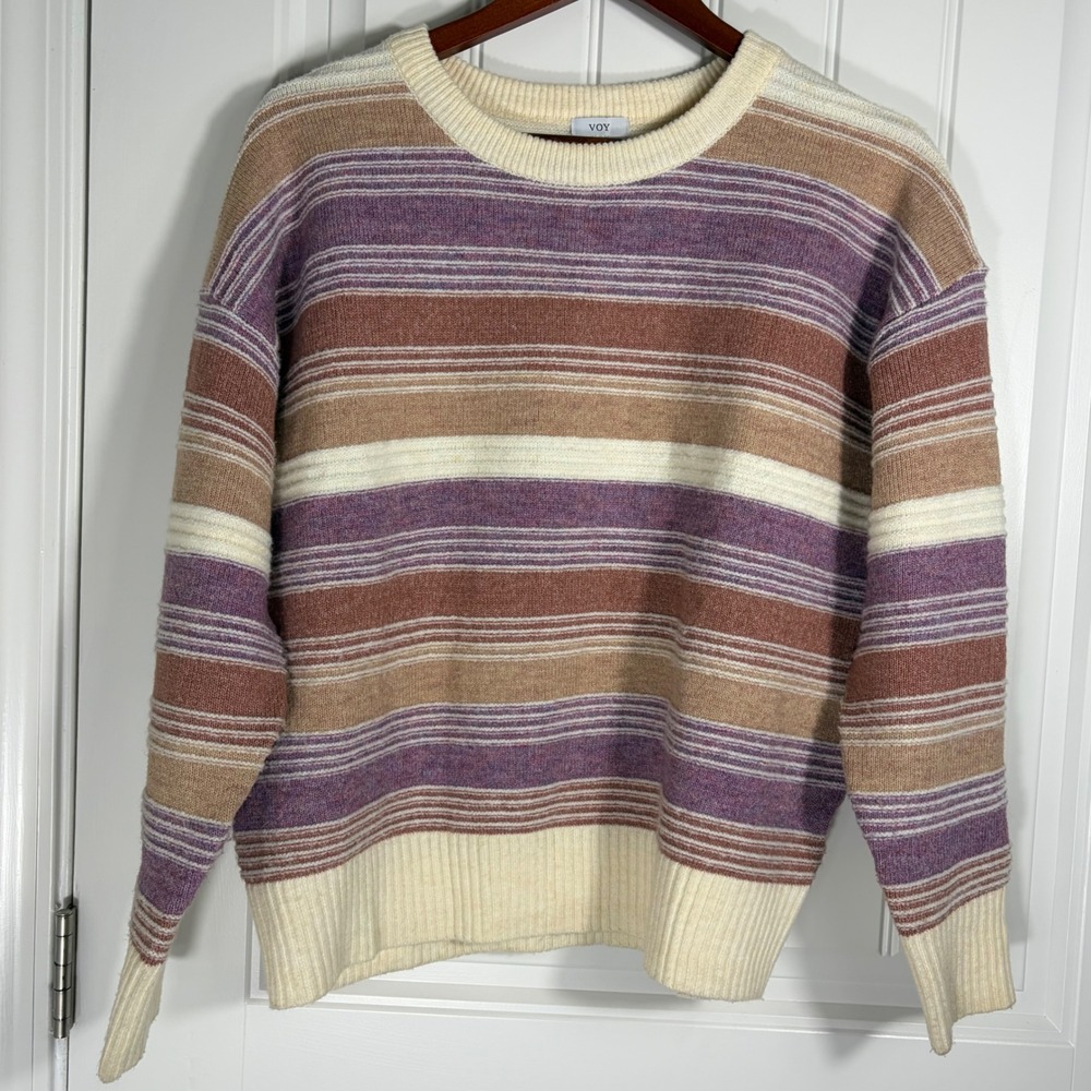 VOY Women Striped Crewneck Sweater Purple Tan Cream Size Small 32508